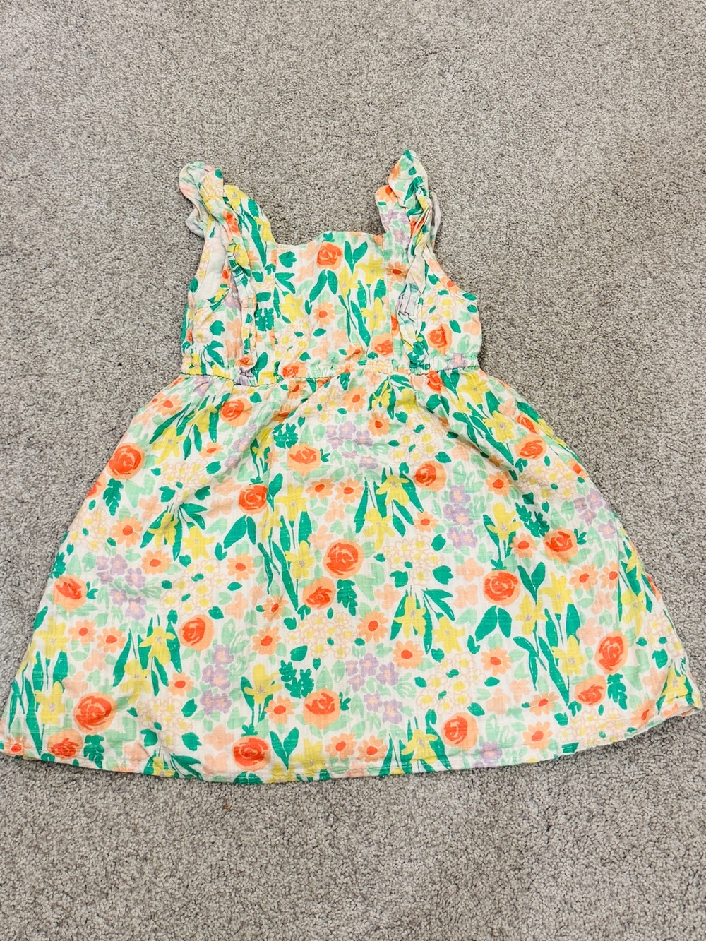 100 percent cotton Cat & Jack Floral Ruffle Strap Dress - Orange, Green, Yellow